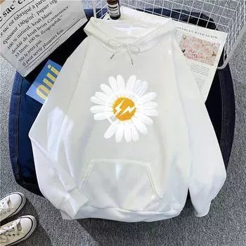 2025 Autumn and Winter New Chrysanthemum Printing Student Loose Coat Velvet Hooded Sweater Women s Clothing S белый