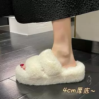 2025 autumn and winter new foreign trade large size slippers thick-bottomed fluffy slippers women s outer wear belt buckle open toe one-word drag 35
