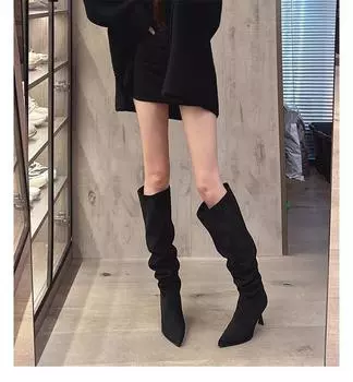 2025 autumn and winter new French black over-the-knee women s boots pointed temperament fine heel niche design stacking boots 35