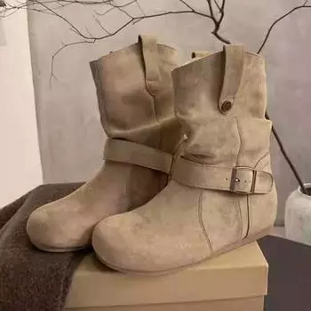 2025 autumn and winter new inner height increase retro versatile stacking boots women s Birkenstocks thick-soled round head matte short boots 35