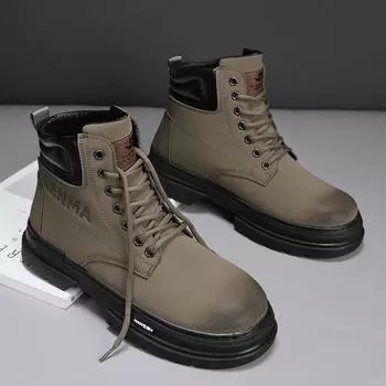 2025 autumn and winter new leather boots high-top outdoor Martin boots thick-soled tooling boots locomotive boots retro live men s shoes trend 39 чёрный