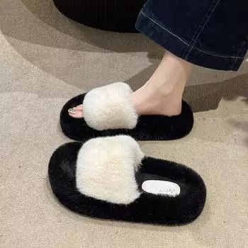 2025 autumn and winter new Mao Mao slippers women s wear flat bottom comfortable fashion imitation rabbit hair word thick bottom home slippers 35 чёрный