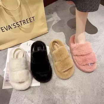 2025 autumn and winter new Mao Mao slippers women wear thick-soled rear strap two wear fashion Internet celebrity high-heeled Mao Mao shoes women 35 чёрный