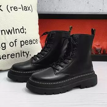 2025 autumn and winter new Martin boots men s British style leather boots thick-soled high-top snow harbor style Martin boots shoes men s 39 чёрный