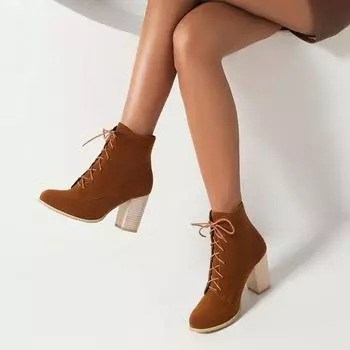 2025 autumn and winter new matte versatile retro rough heel high heel women s short boots front lace-up commuter boots 34 чёрный