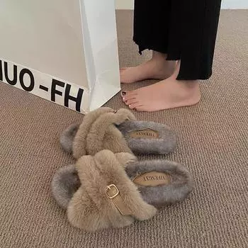 2025 autumn and winter new outer wear fluffy drag female fashion fairy wind lamb wool platform slippers cross cotton drag 35 хаки