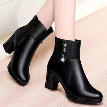 2025 autumn and winter new real soft leather short boots female mother cotton shoes middle-aged and elderly high-heeled short cotton boots thermal sho 35