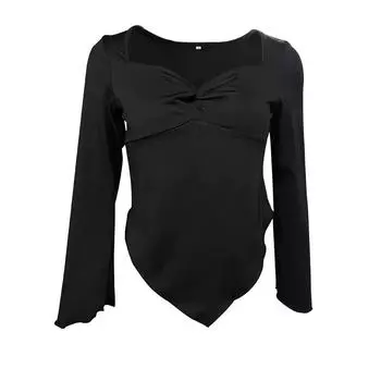 2025 autumn and winter new sexy slim-fit top micro-flared sleeve tight top women S чёрный