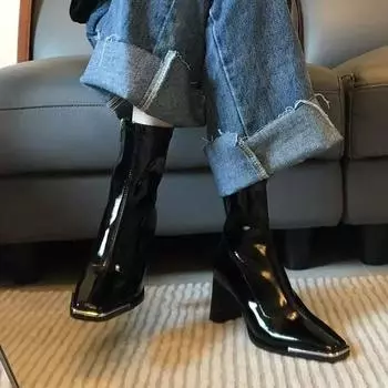 2025 autumn and winter new square head metal high heel short boots women s thick heel medium tube elastic socks boots female Internet celebrities boot 35