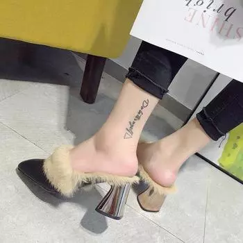 2025 autumn and winter new thick heel fluffy half slippers women s outerwear bag head high heel slippers Internet celebrity middle heel muller shoes 35