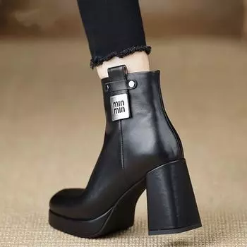 2025 autumn and winter new waterproof table short boots women s thick heel high heel heightened side zipper black soft leather Martin boots 34