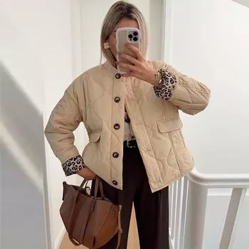 2025 Autumn and Winter New Women s Clothing Versatile Temperament Long-sleeved Loose Single-breasted Quilted Leopard Print Cotton Jacket S слоновая кость