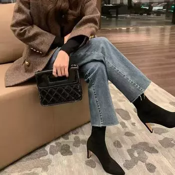2025 autumn and winter pointed high heel socks boots bare boots Internet celebrity elastic thin boots thin heel sexy short boots women black suede 35