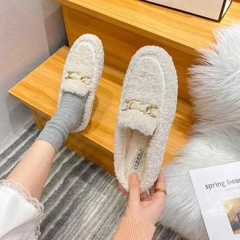 2025 autumn and winter semi-hairy shoes winter outer wear flat-soled wool lamb bean shoes large size velvet single shoes thick-soled versatile 34