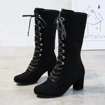 2025 autumn and winter tall knight boots fashion suede lace-up round head thick heel wish Amazon high heel Martin boots women 35 чёрный