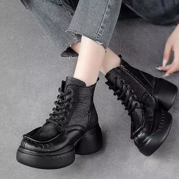 2025 autumn and winter thick-soled high-heeled round head retro ethnic mother shoes genuine leather handmade short boots single boots women s boots 35 коричневый