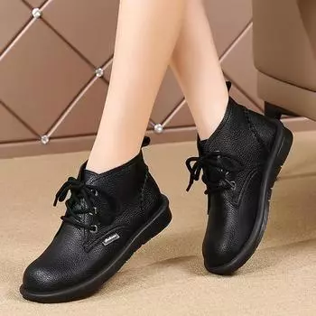 2025 autumn and winter women s leather boots short boots retro Martin boots round head short leather boots high-top lace-up leather flat boots 35 чёрный