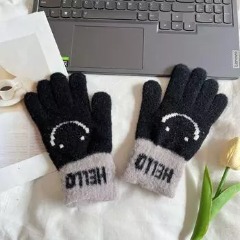 2025 Autumn and Winter Women s Smiling Face Knitting All-Matching Warm Gloves K-style Touch Screen Cycling Windproof Fancy Hand Guard Black Smiley HELLO-J74 Gloves All yards