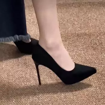 2025 autumn black suede pointed heel thick sole waterproof table high heels women s niche with skirt single shoes 34