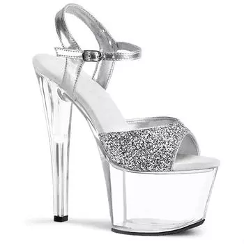 2025 autumn flash particle super high heels women s thin heel one-word buckle transparent bottom strap sandals women s high heel wedding shoes 34 светло-синий