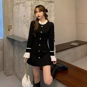 2025 Autumn Hepburn Style Dress Slim fit Slimming Black A- line Skirt Design Single-Breasted Chic Black Dress MM654 Black S