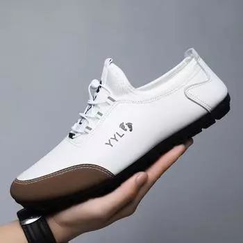 2025 autumn men s shoes soft leather casual breathable leather shoes men s autumn versatile Doudou shoes Korean version of white shoes men 39 чёрный