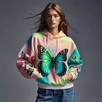 2025 Autumn New 3D Digital Printed Women s Butterfly Animal Pattern Printed Sportswear Personalized Fashion Hoodie Loose S