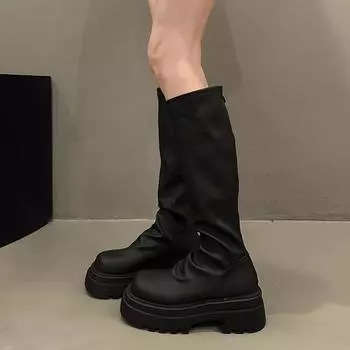 2025 autumn new British pleated elastic thin boots retro thick heel thick-soled muffin but knee boots women 35 чёрный