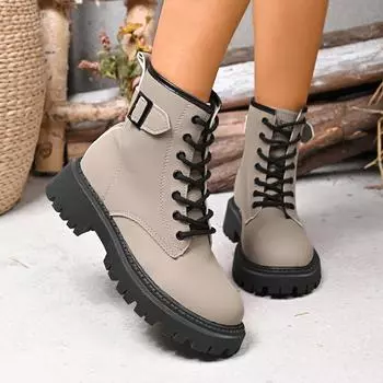 2025 autumn new foreign trade fashion round head front lace-up Martin boots women s British medium heel thick heel belt buckle women s boots 35
