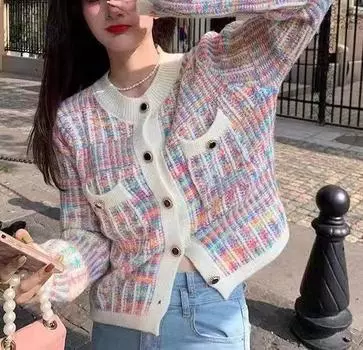 2025 autumn new loose rainbow sweater cardigan female Korean version temperament small fragrant style knitted cardigan jacket female one size fits all