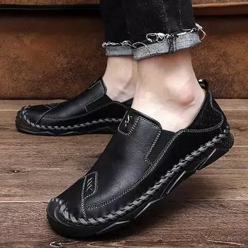 2025 autumn new men s leather shoes fashionable breathable foot casual men s shoes foreign trade large size 47 driving Doudou shoes 38 чёрный