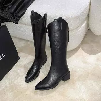 2025 autumn new retro pointed thick heel western cowboy boots V-mouth medium heel knight boots large size boots women 35