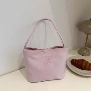 2025 autumn new simple nylon underarm bag national letter embroidery portable bucket bag розовый