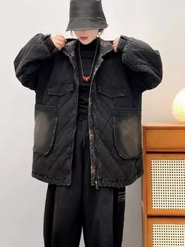 2025 autumn new splicing rhombus top with versatile retro style long sleeve comfortable denim hooded jacket women one size fits all чёрный