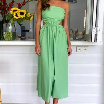 2025 autumn new temperament sexy tube top off shoulder waist solid color dress S зелёный