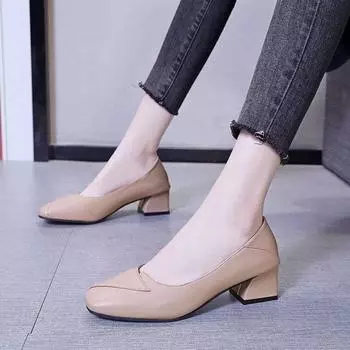2025 autumn new thick heel single shoes square head shallow mouth fashion splicing high heels female manufacturer 34 абрикосовый