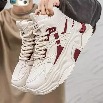 2025 autumn new thick-soled heightening dad shoes men s high-soled leather sports shoes men s casual little white high-top board shoes 39 бежевый