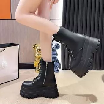 2025 autumn new thick-soled heightening small short boots women s British style lace-up Martin boots fried street locomotive boots 35