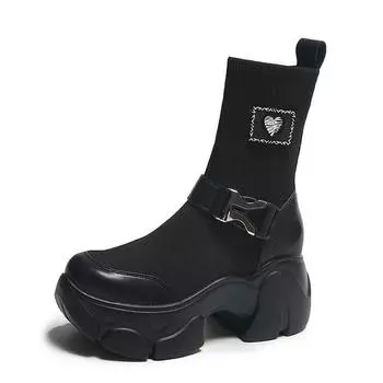 2025 autumn thick-soled inner height increase locomotive wind Martin boots women s fashion new versatile mid-tube boots elastic socks 34