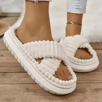 2025 Autumn Winter Corduroy Home Slippers Women Cross Band Thick Soft Sole Slides Platform Shoes ladies Non Slip Indoor Slippers 36-37 чёрный