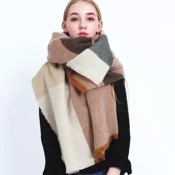 2025 Autumn/Winter New Women S Hairy Plaid Scarf Dual Purpose Shawl Thickened Warm Imitation Cashmere Extended Scarf 195*70cm хаки