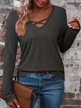 2025 Autumn/Winter Women s V-Neck Long-Sleeve Cotton Top - Solid Color, Casual & Simple Style Extra Extra Large