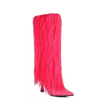 2025 Baby Pink Furry Sexy Knee High Boots Women s Round Toe Leather Thin Heel Red/Black Long Boot Luxury Designer Party Shoes 34