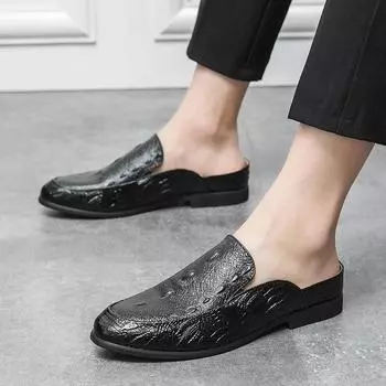 2025 bag head slippers men s leather shoes size 38-46 outside wearing British trend fashion half slippers summer breathable men s shoes 38 чёрный