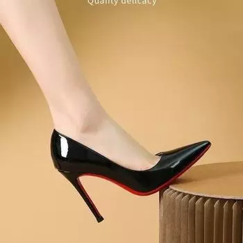 2025 black patent leather red-soled high heels pointed head shallow mouth stiletto high-end sexy single shoes night work shoes 34