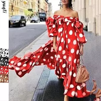 2025 Bohemian Открытые плечи Повседневное длинное платье в горошек для женщин XL чёрный