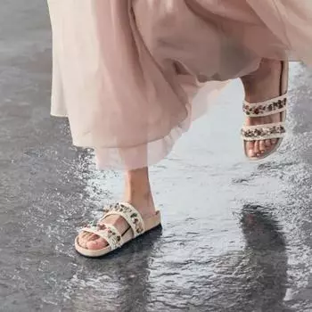 2025 Большие размеры Женская обувь с открытым носком Женские тапочки Повседневные тапочки для улицы Женские тапочки с круглым носком и бисером на плоской подошве с сандалиями 35 абрикосовый