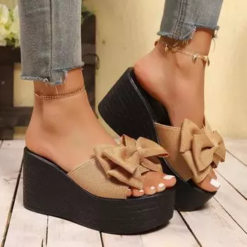 2025 большие тапочки с бантом, летние женские с открытым носком, большие размеры, толстая подошва, европейские, американские и римские классные тапочки 34 розовый