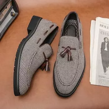 2025 больших размеров, деловая повседневная мужская обувь с острым носком, клетчатые кожаные туфли, ленивые педали, обувь Doudou прилив 38