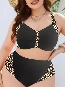 2025 Большой размер леопардовый бикини из двух частей купальник с высокой талией женский купальник с бретелькой через шею женский купальный костюм пляжная одежда 0XL чёрный